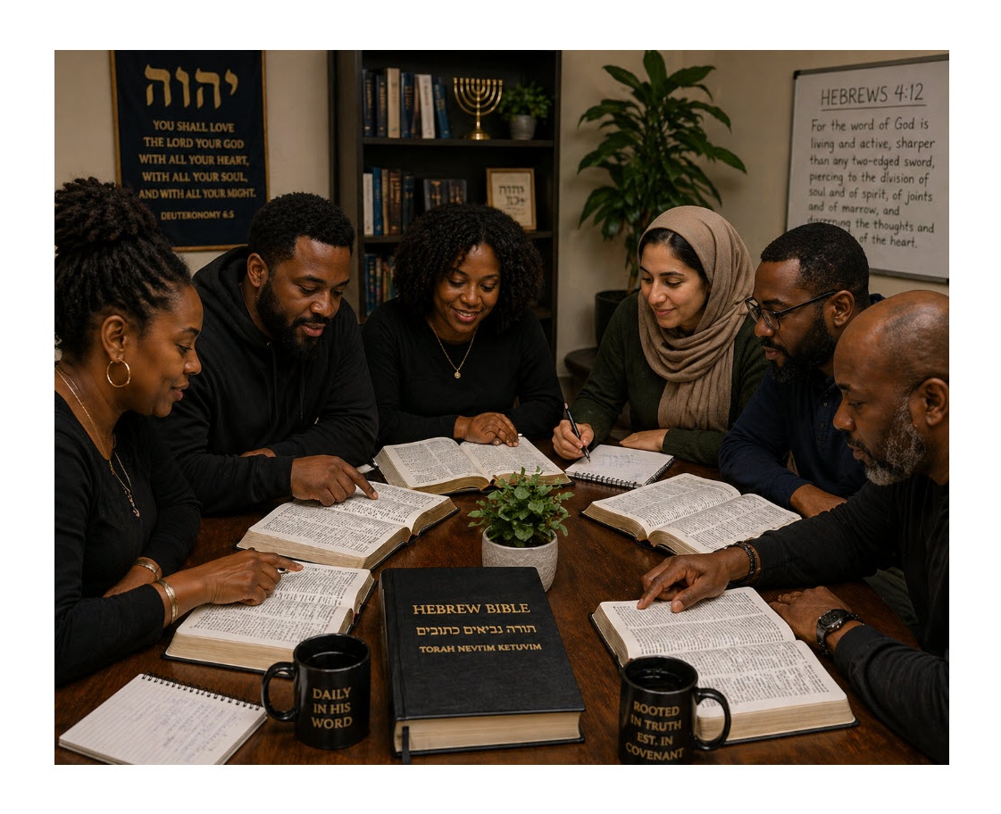 Hebrew Israelites studying Hebraic Scripture together at a table